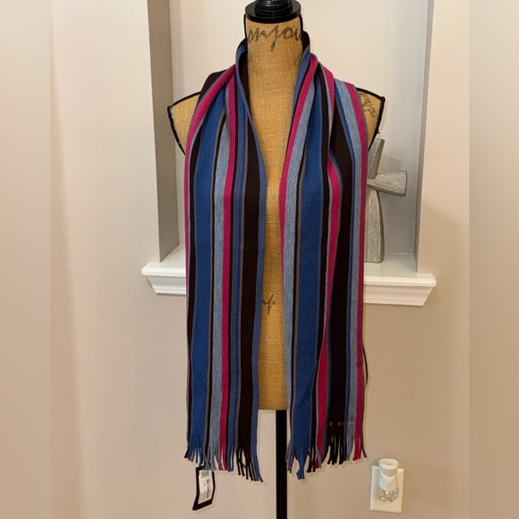 Ted Baker NWT colorful chocolate brown Multi 100% wool fringe striped Logo scarf - Picture 1 of 8